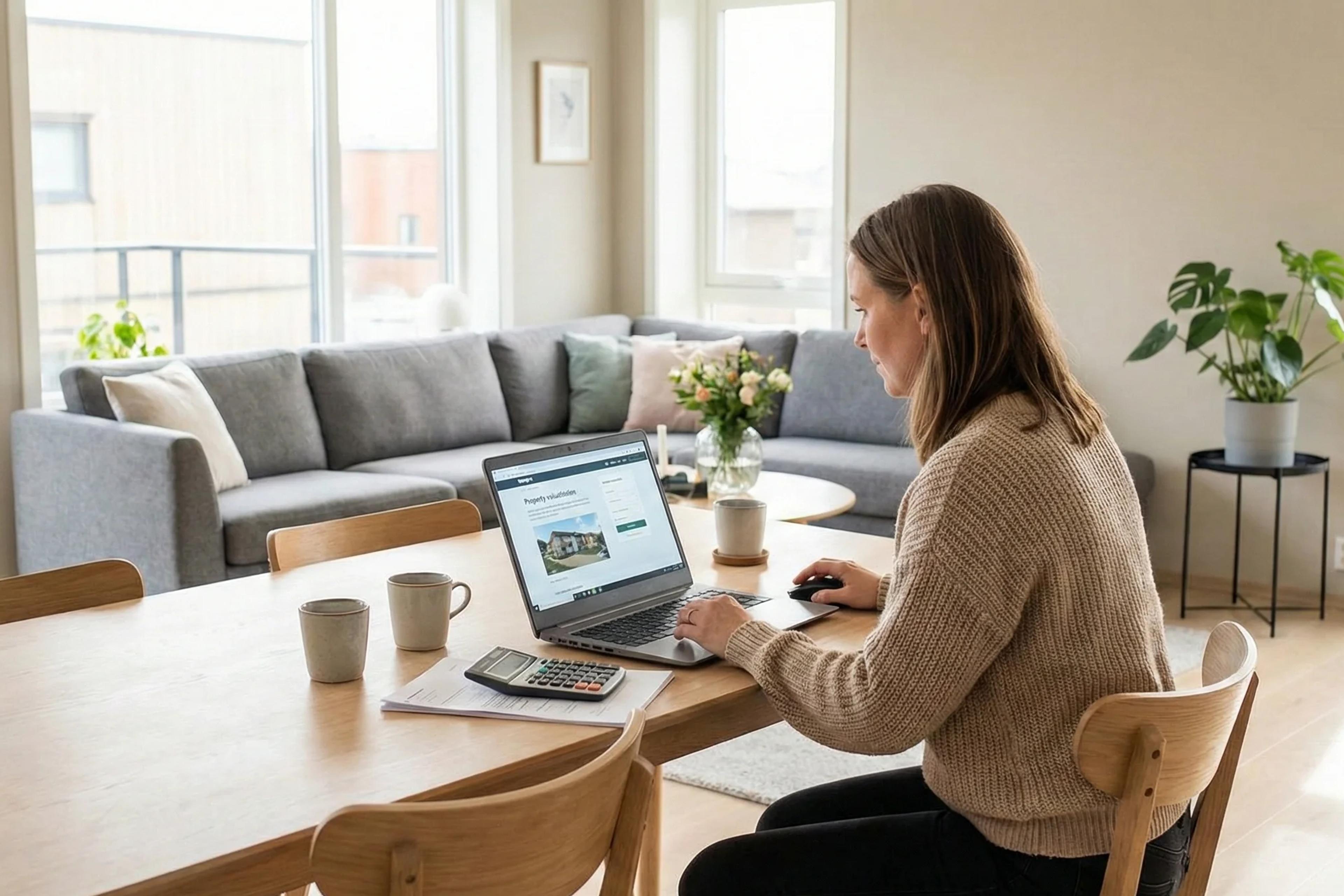 Kvinne som bruker Proprs digitale verktøy for verdivurdering av bolig på laptop for å sette riktig prisantydning.