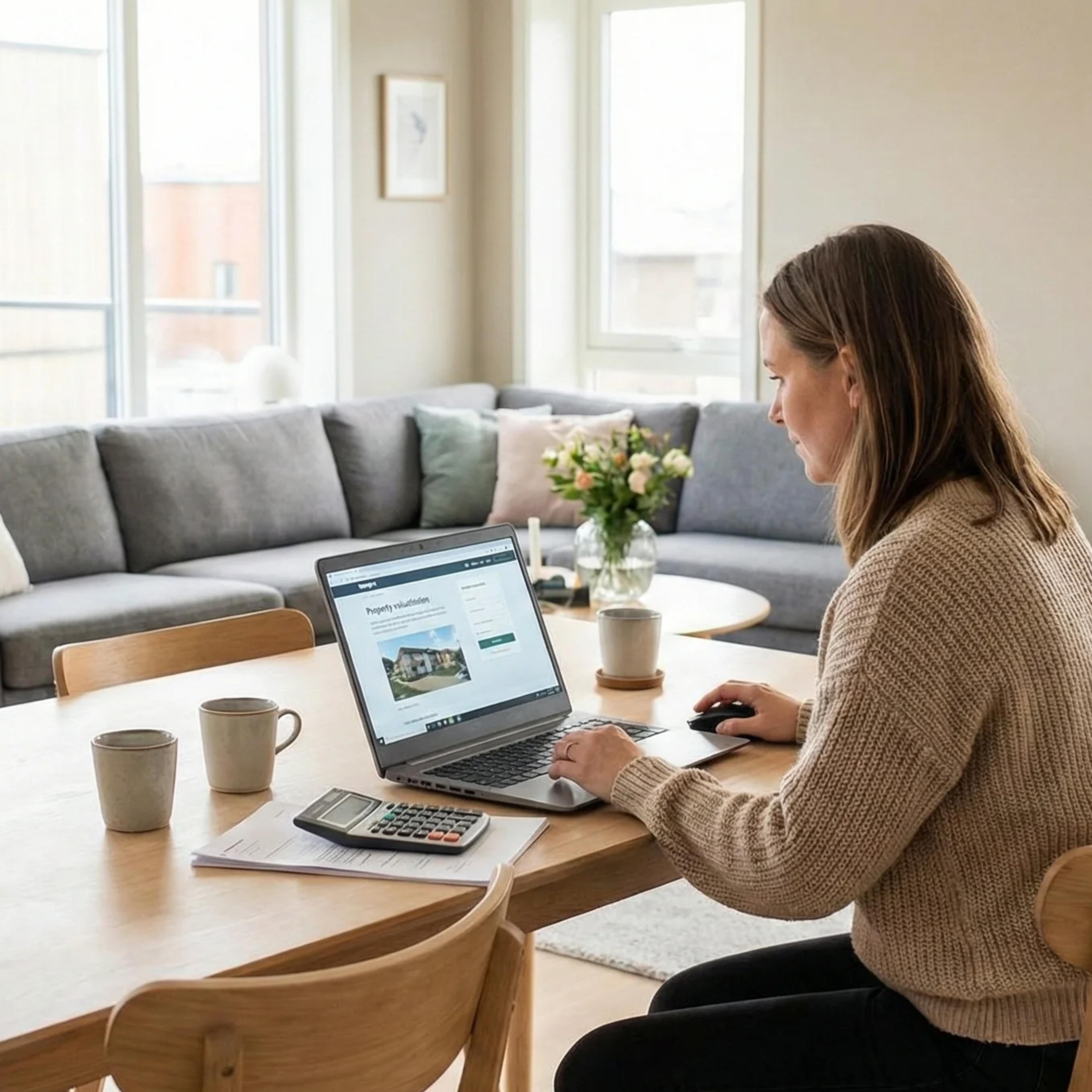 Kvinne som bruker Proprs digitale verktøy for verdivurdering av bolig på laptop for å sette riktig prisantydning.