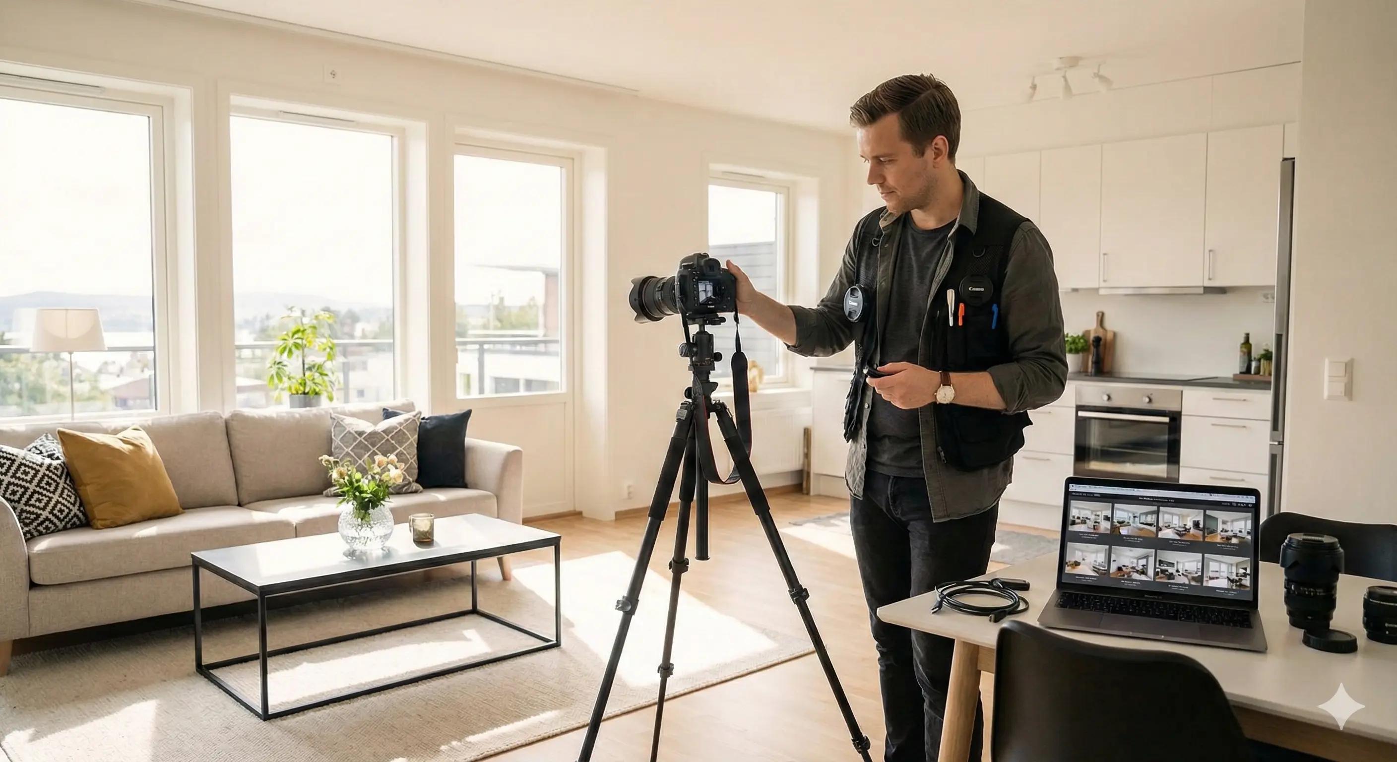 Profesjonell boligfotograf tar bilder av lys stue for boligsalg