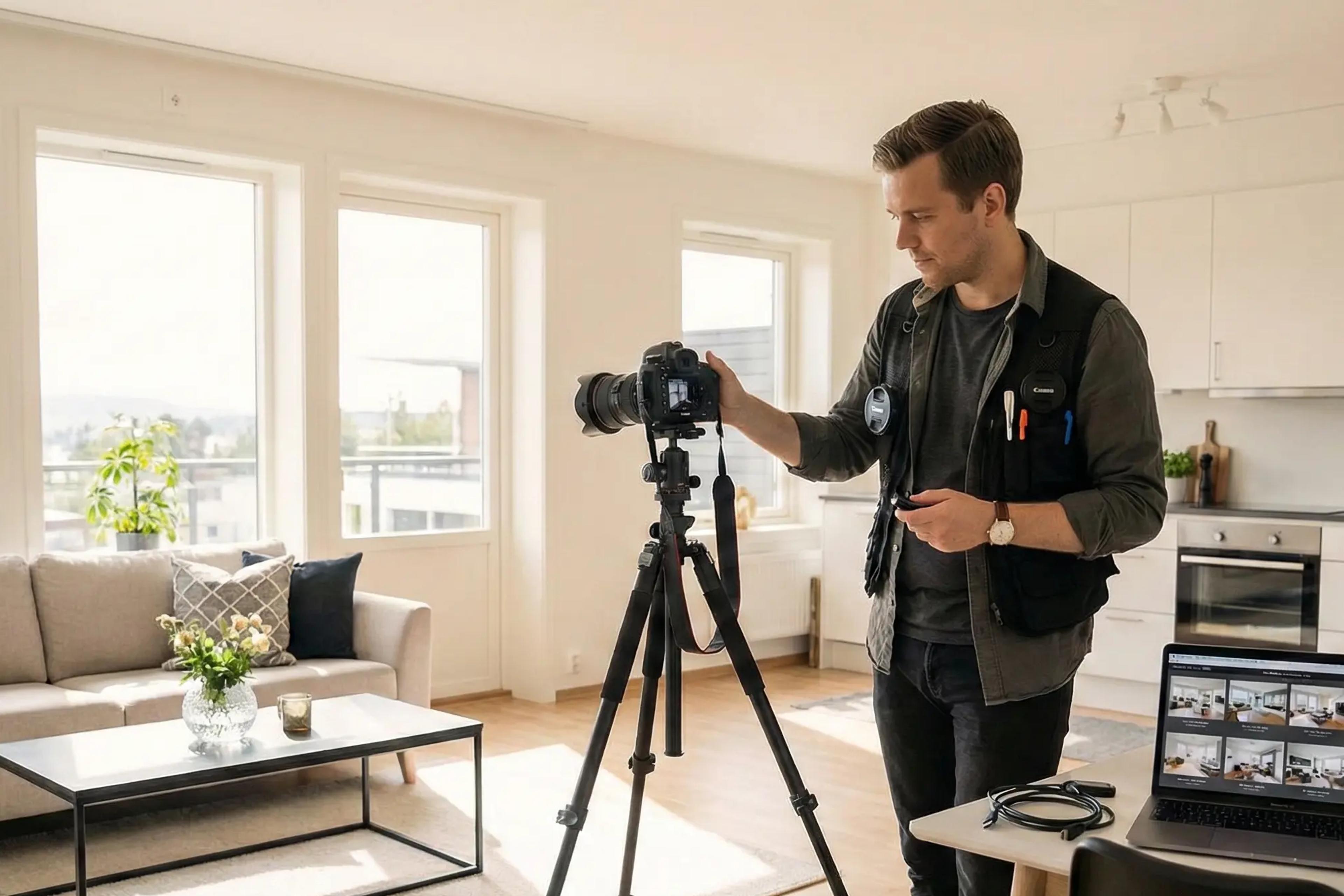 Profesjonell boligfotograf tar bilder av lys stue for boligsalg