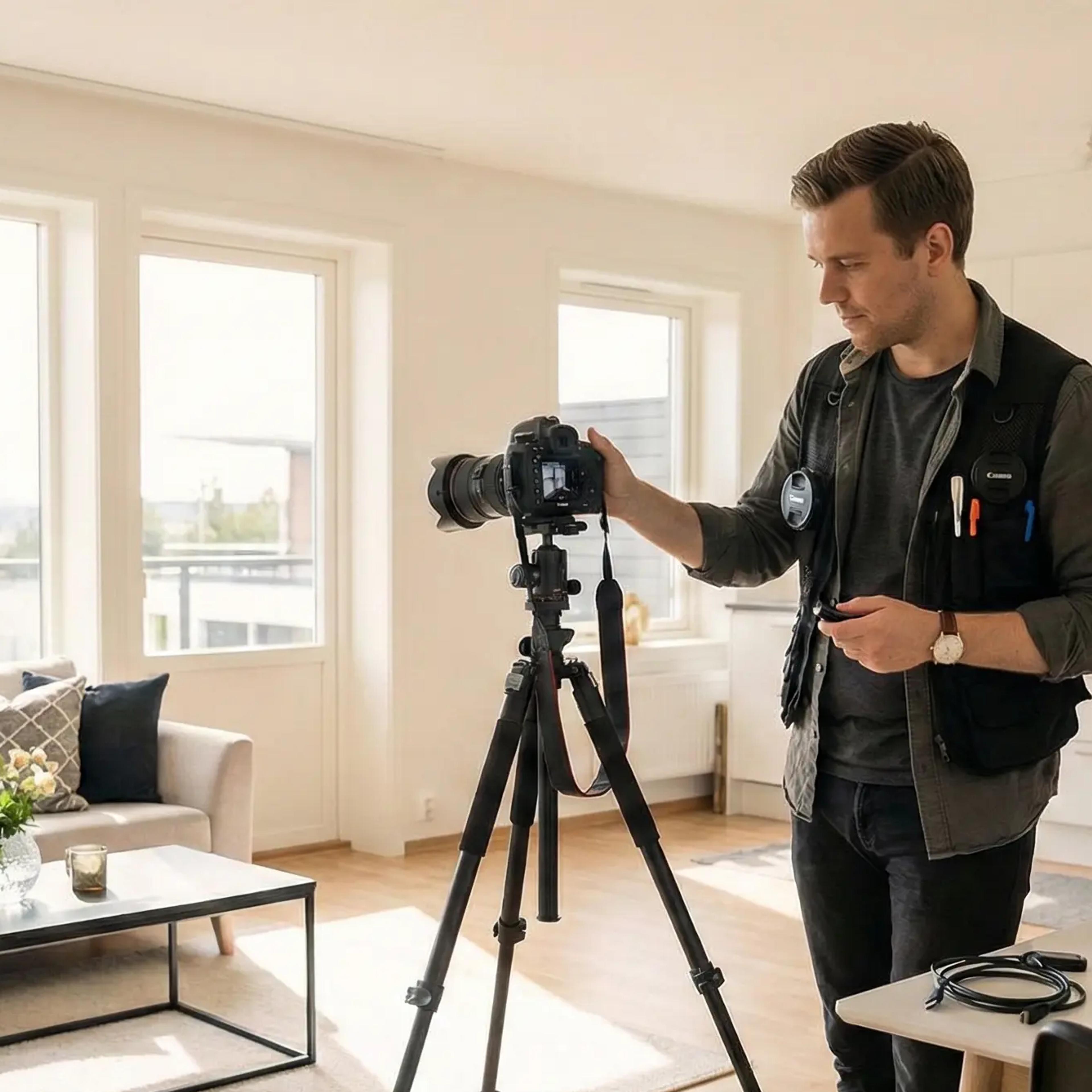 Profesjonell boligfotograf tar bilder av lys stue for boligsalg