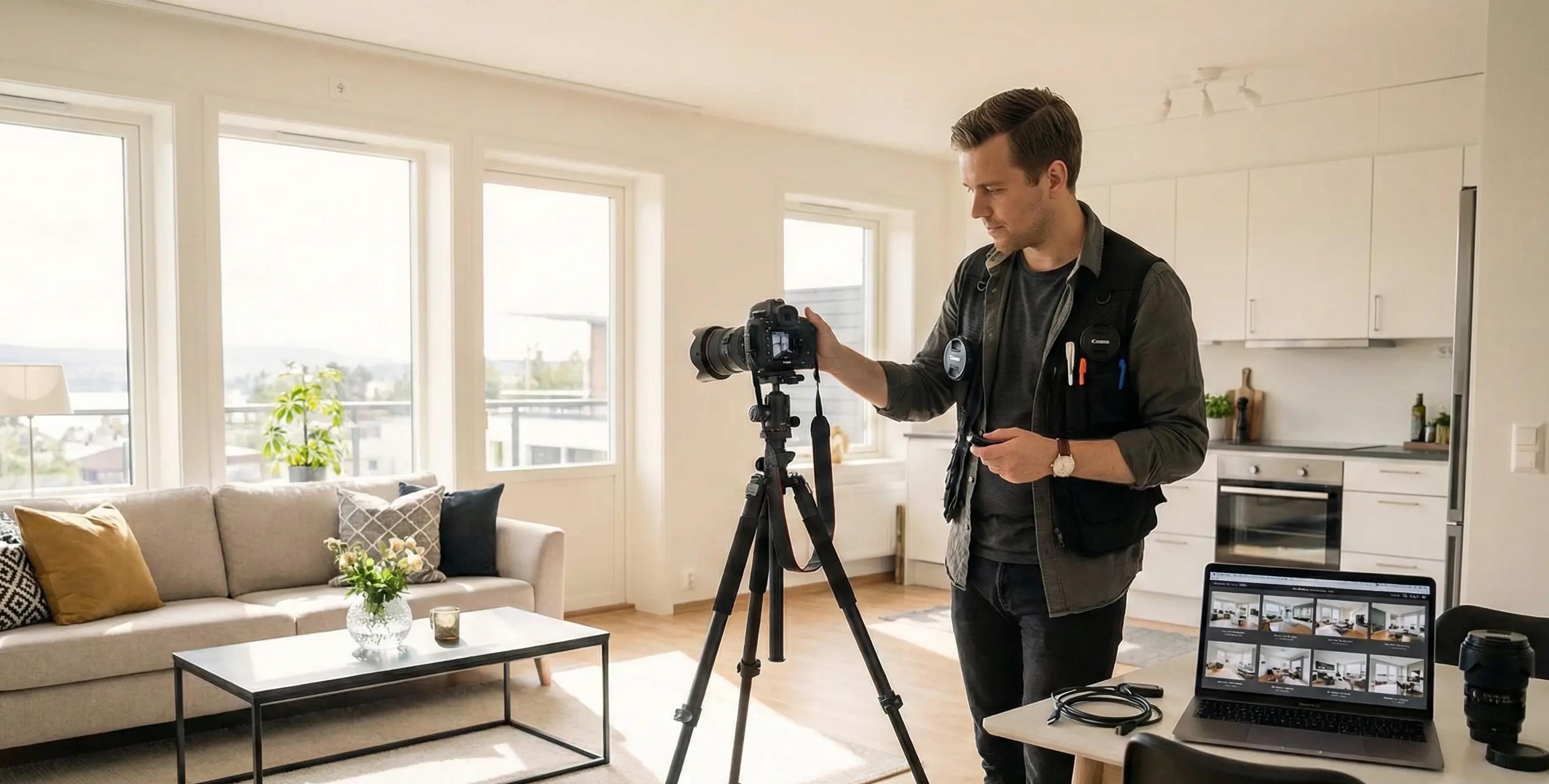 Profesjonell boligfotograf tar bilder av lys stue for boligsalg