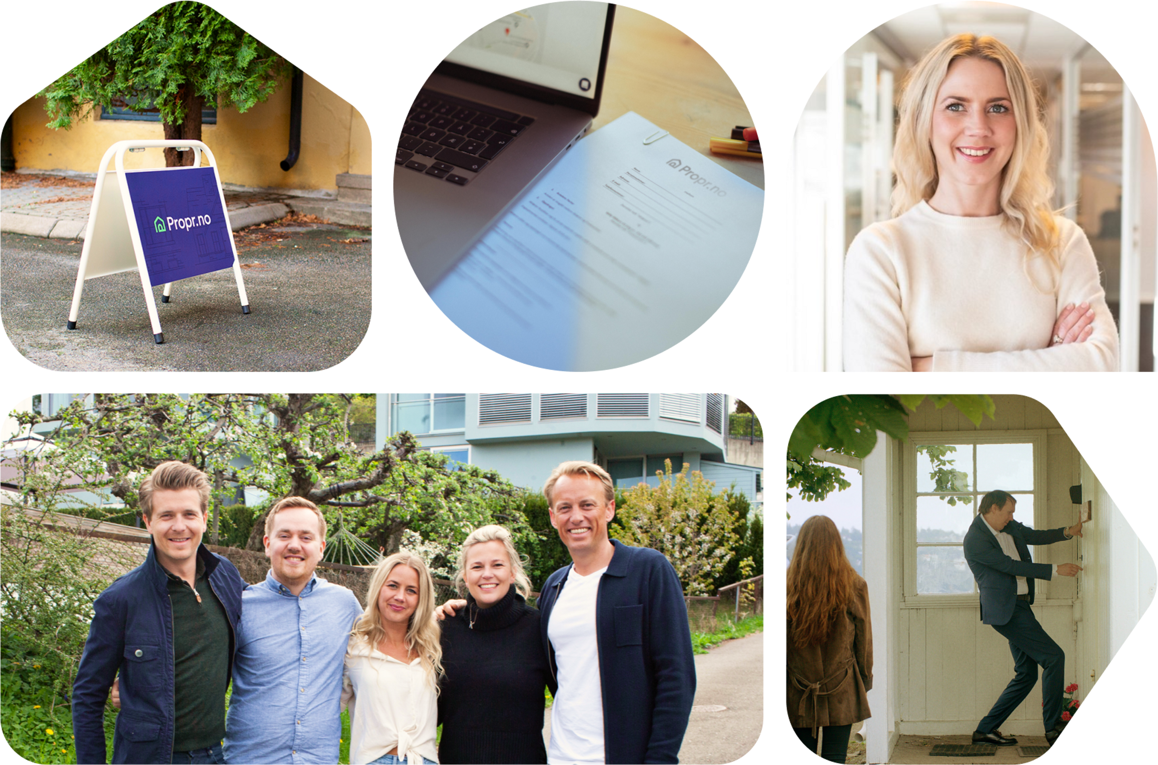 Kollasje med bilder fra kundereisen til Propr, reklamefilmer og noen av de ansatte i selskapet.