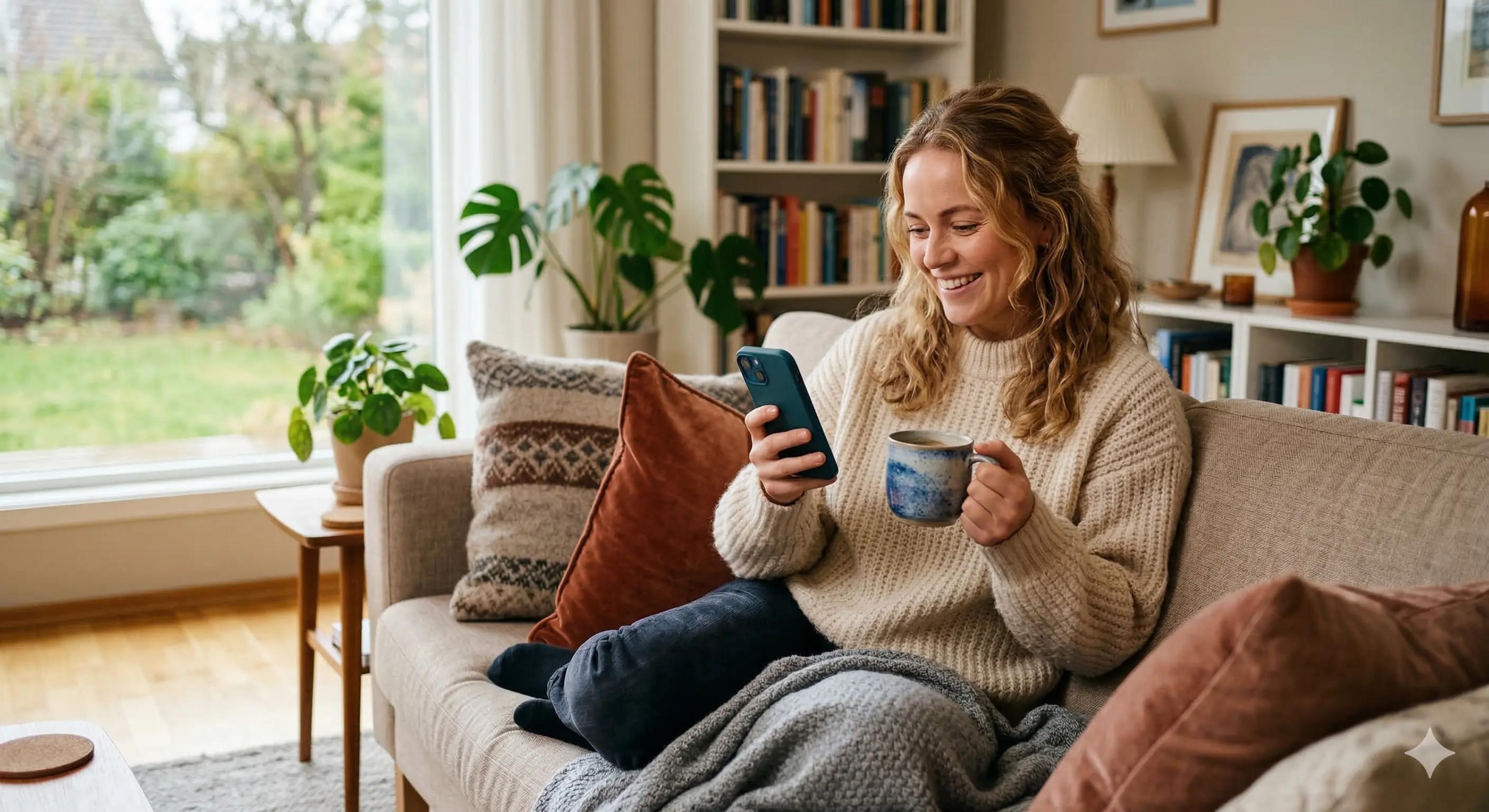 Person som følger med på en trygg, digital budrunde på mobilen uten megler.