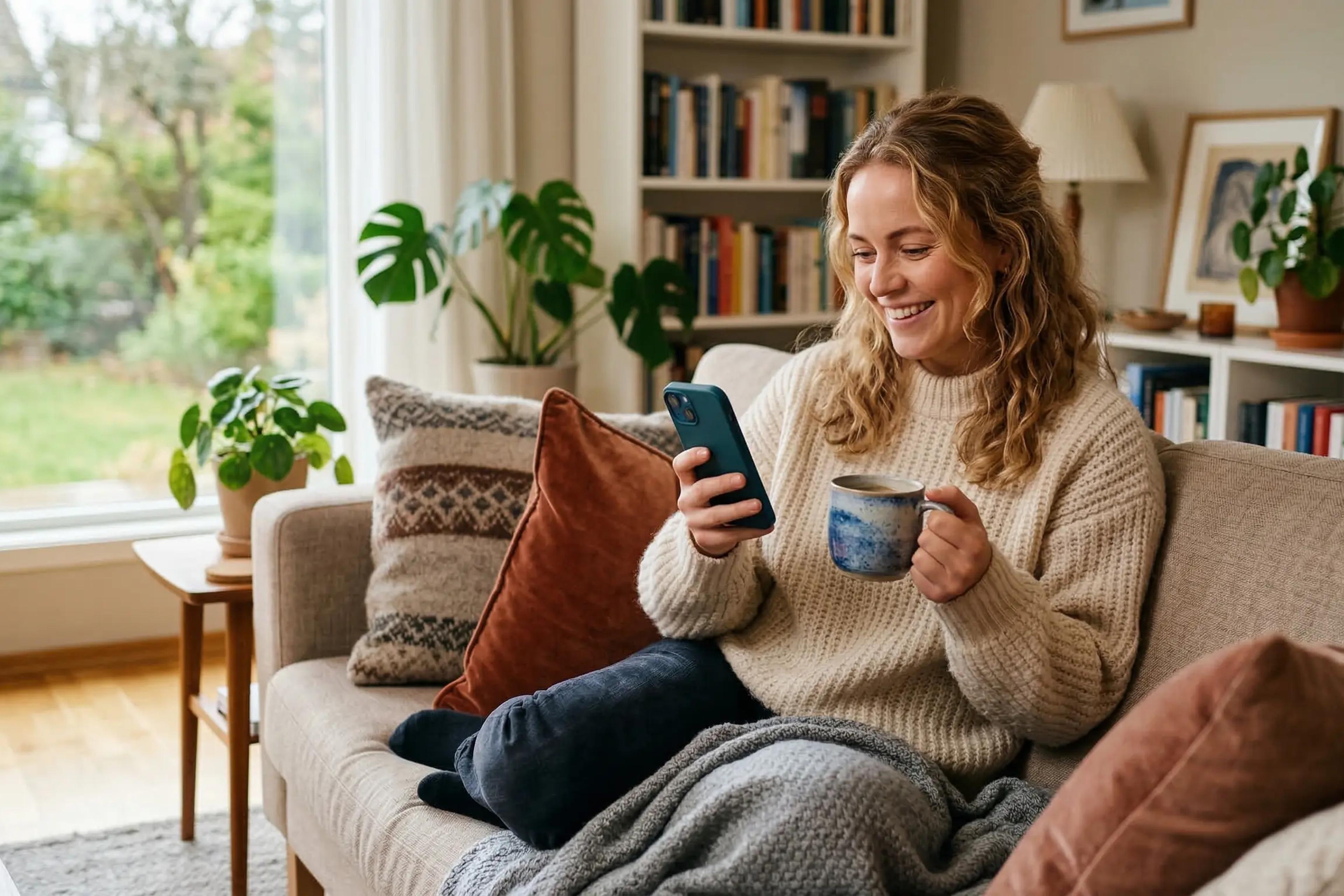 Person som følger med på en trygg, digital budrunde på mobilen uten megler.