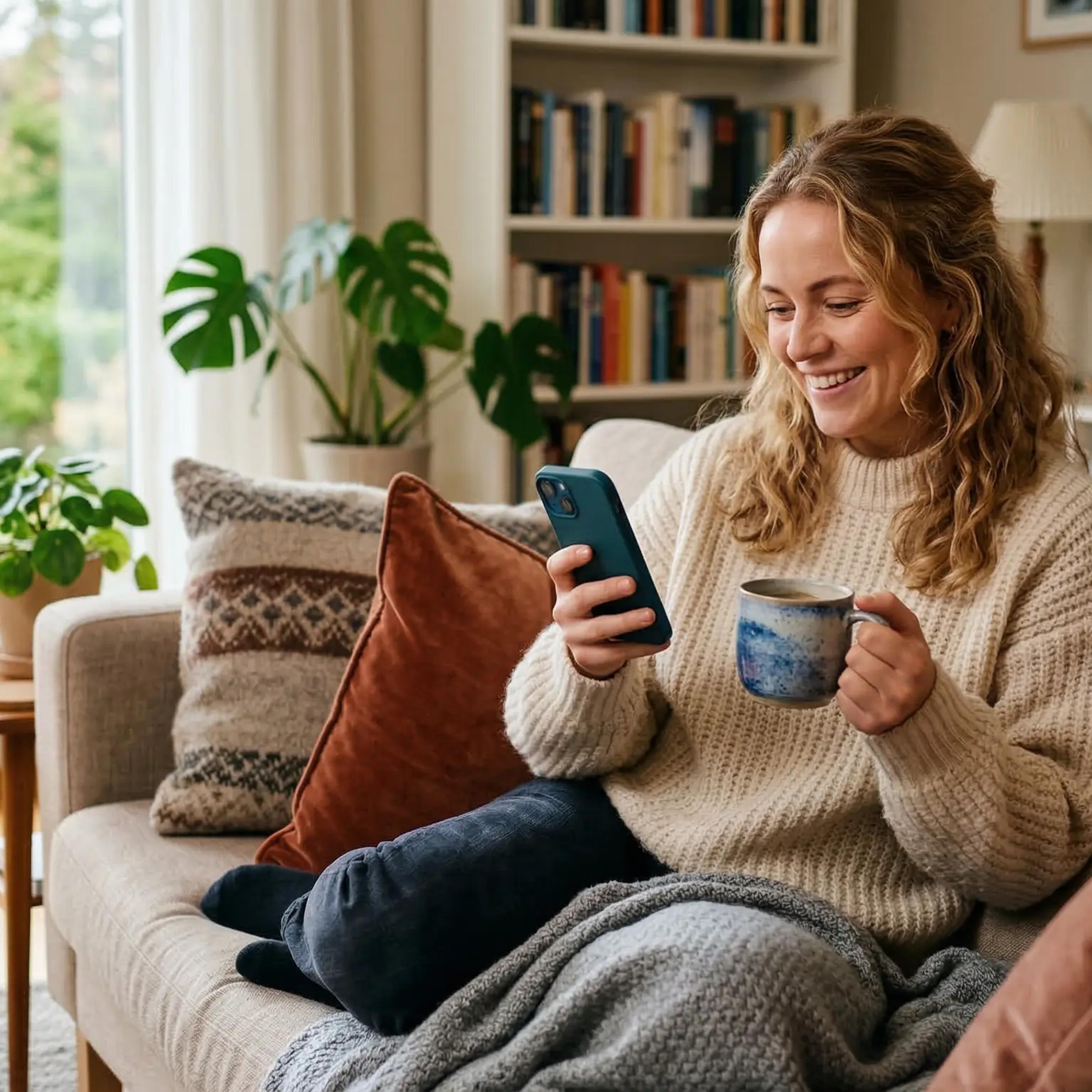 Person som følger med på en trygg, digital budrunde på mobilen uten megler.