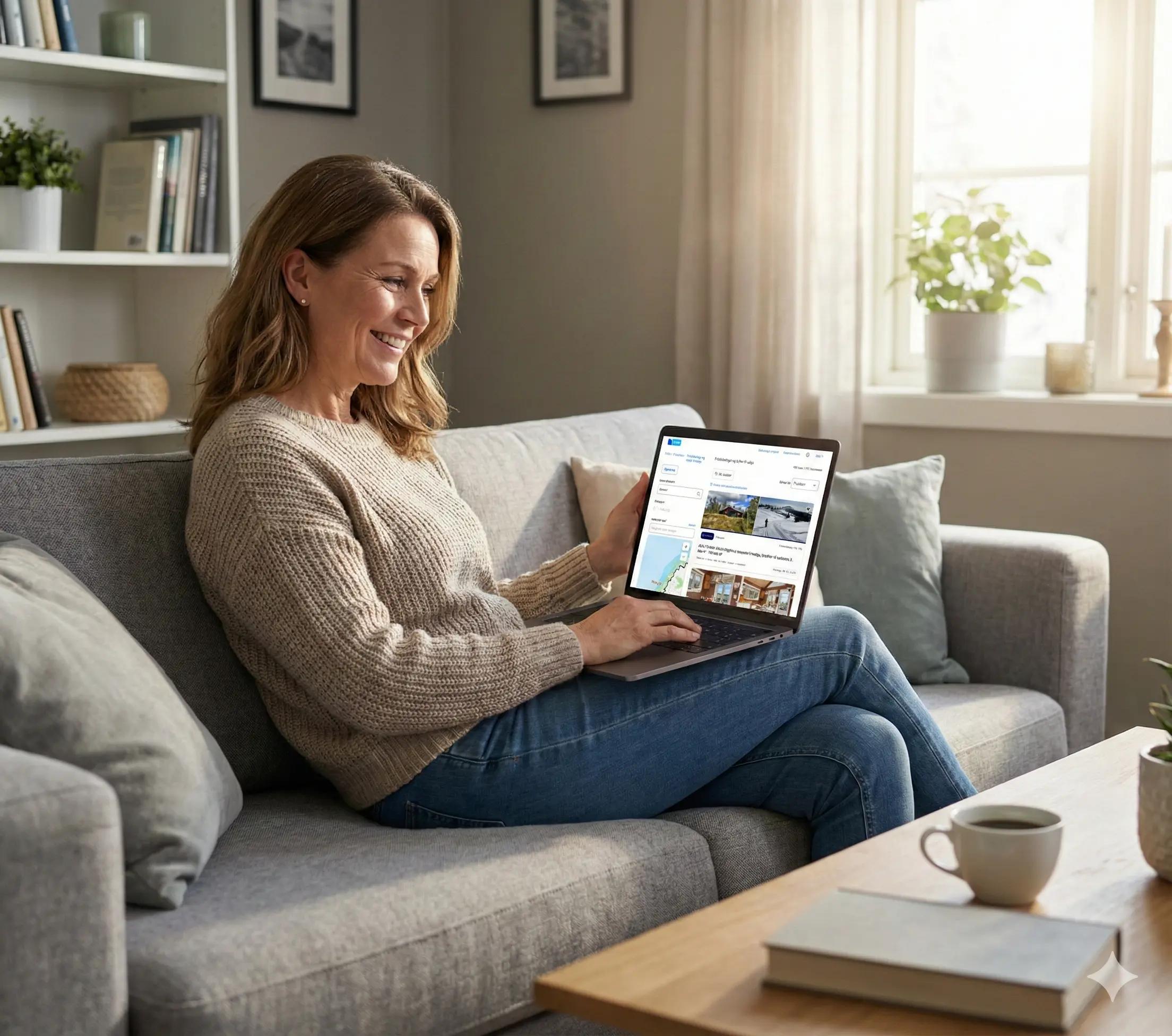 Kvinne som finner drømmeboligen på FINN.no – illustrerer hvor enkelt du når ut til alle kjøpere når du skal selge bolig selv med Propr.