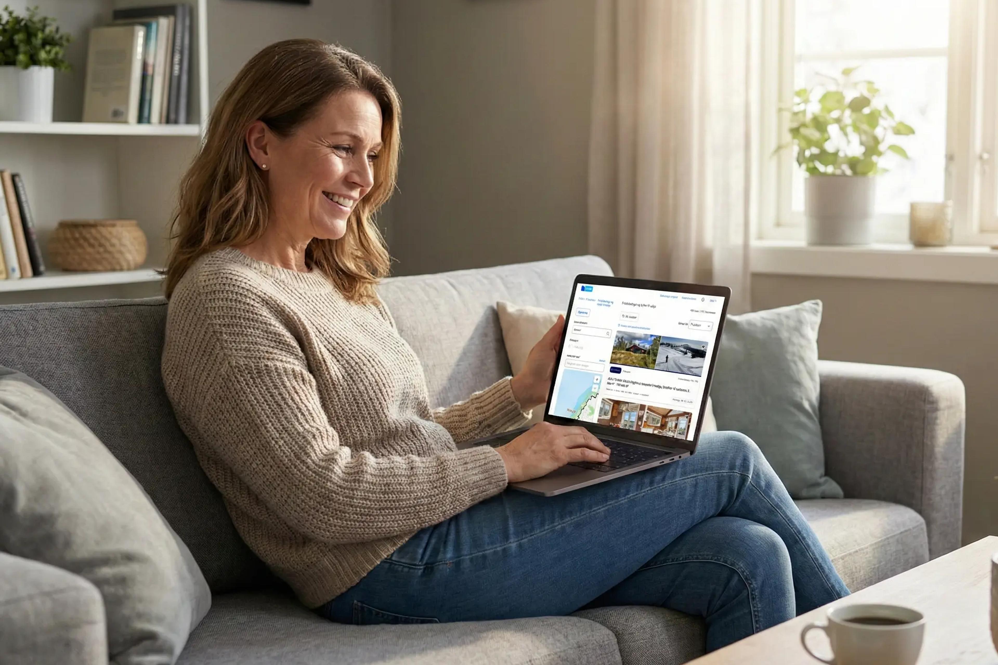 Kvinne som finner drømmeboligen på FINN.no – illustrerer hvor enkelt du når ut til alle kjøpere når du skal selge bolig selv med Propr.