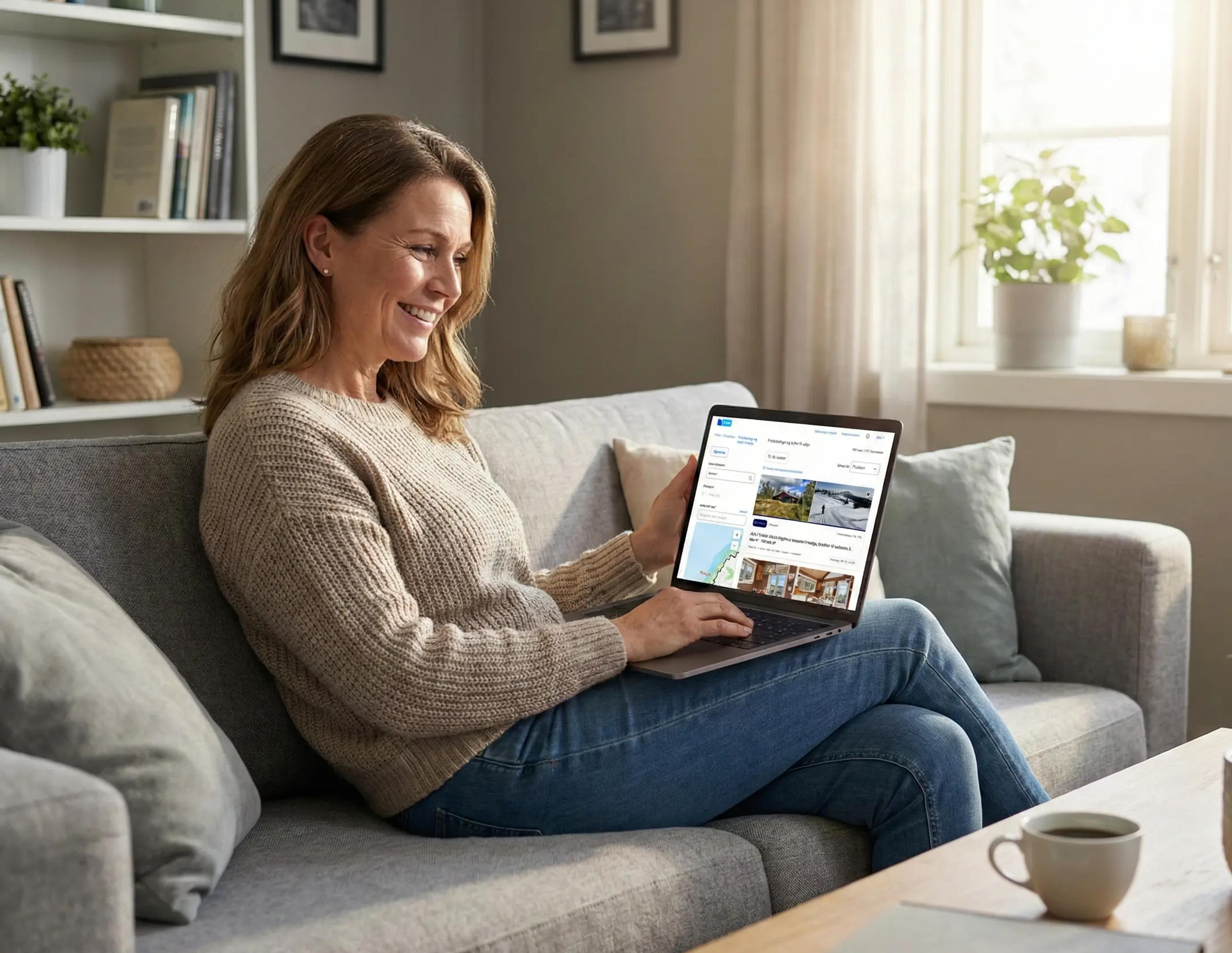 Kvinne som finner drømmeboligen på FINN.no – illustrerer hvor enkelt du når ut til alle kjøpere når du skal selge bolig selv med Propr.