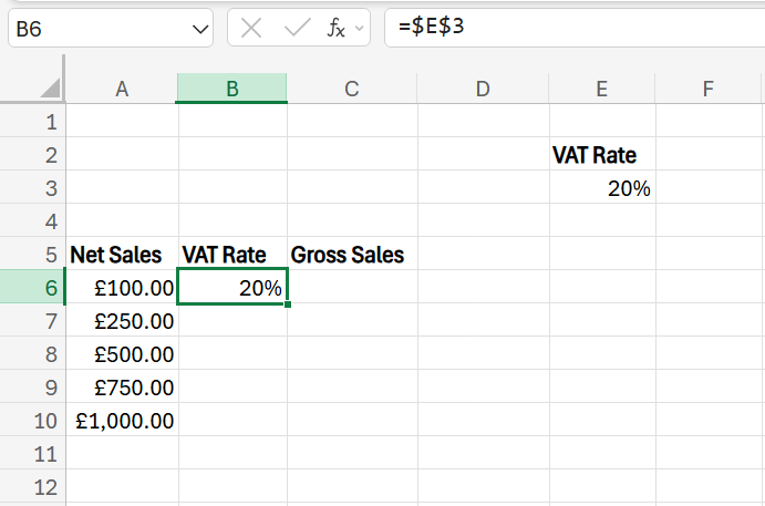 Formula for VAT on Excel