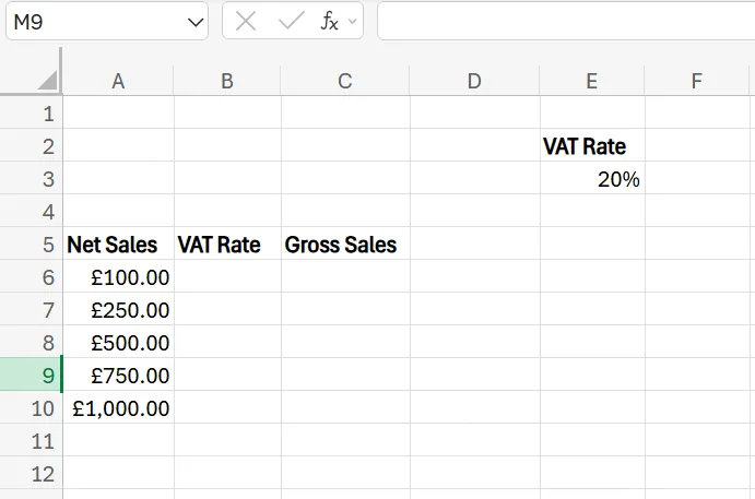 Formula for VAT on Excel
