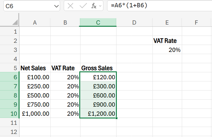 Formula for VAT on Excel