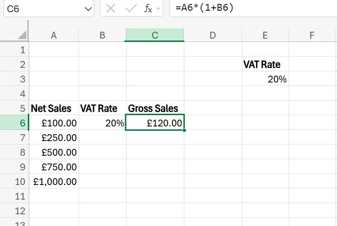 Formula for VAT on Excel