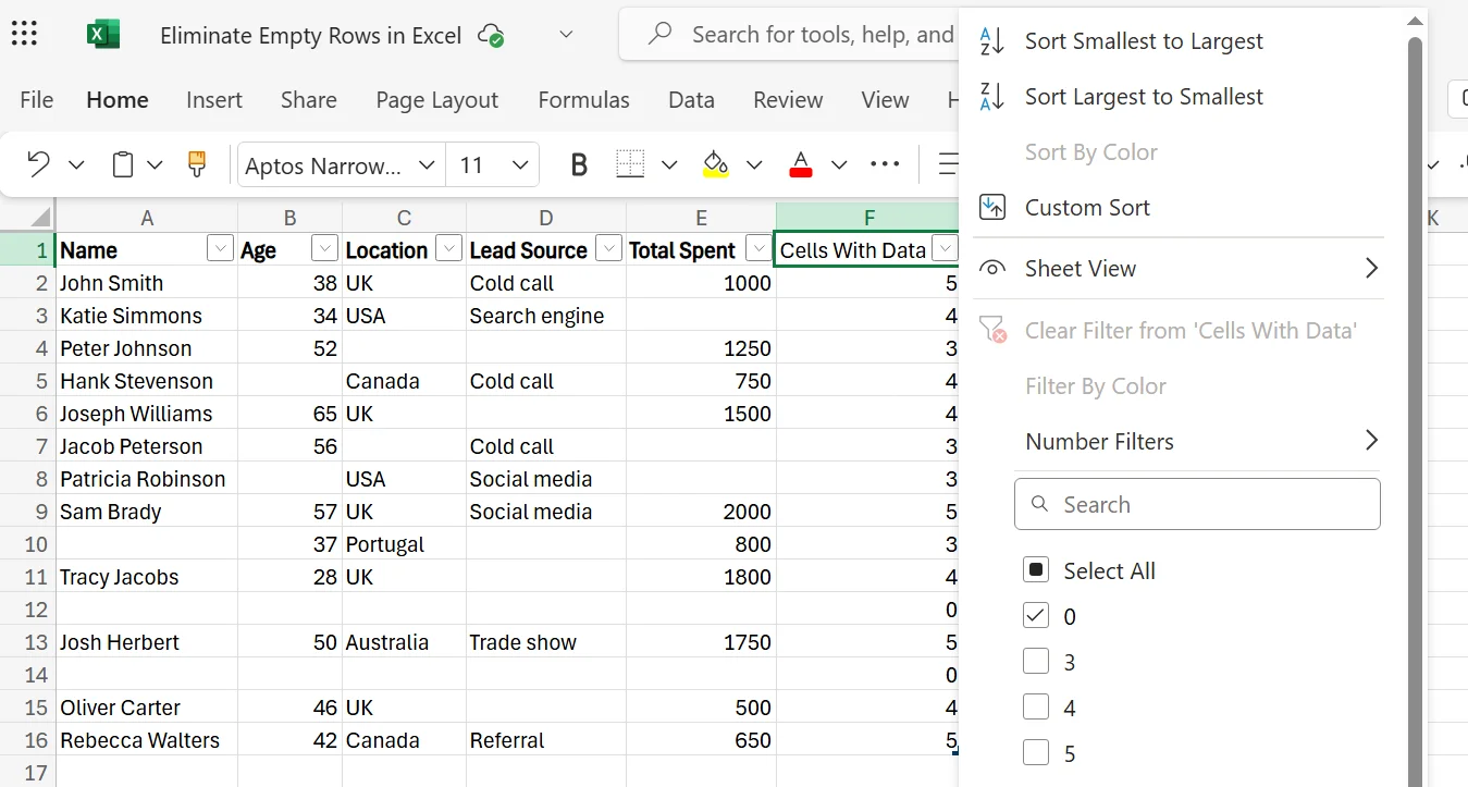 Excel Eliminate Empty Row