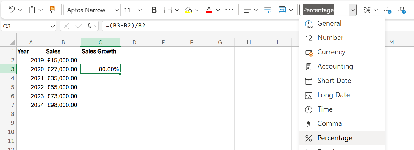 excel formula percent increase