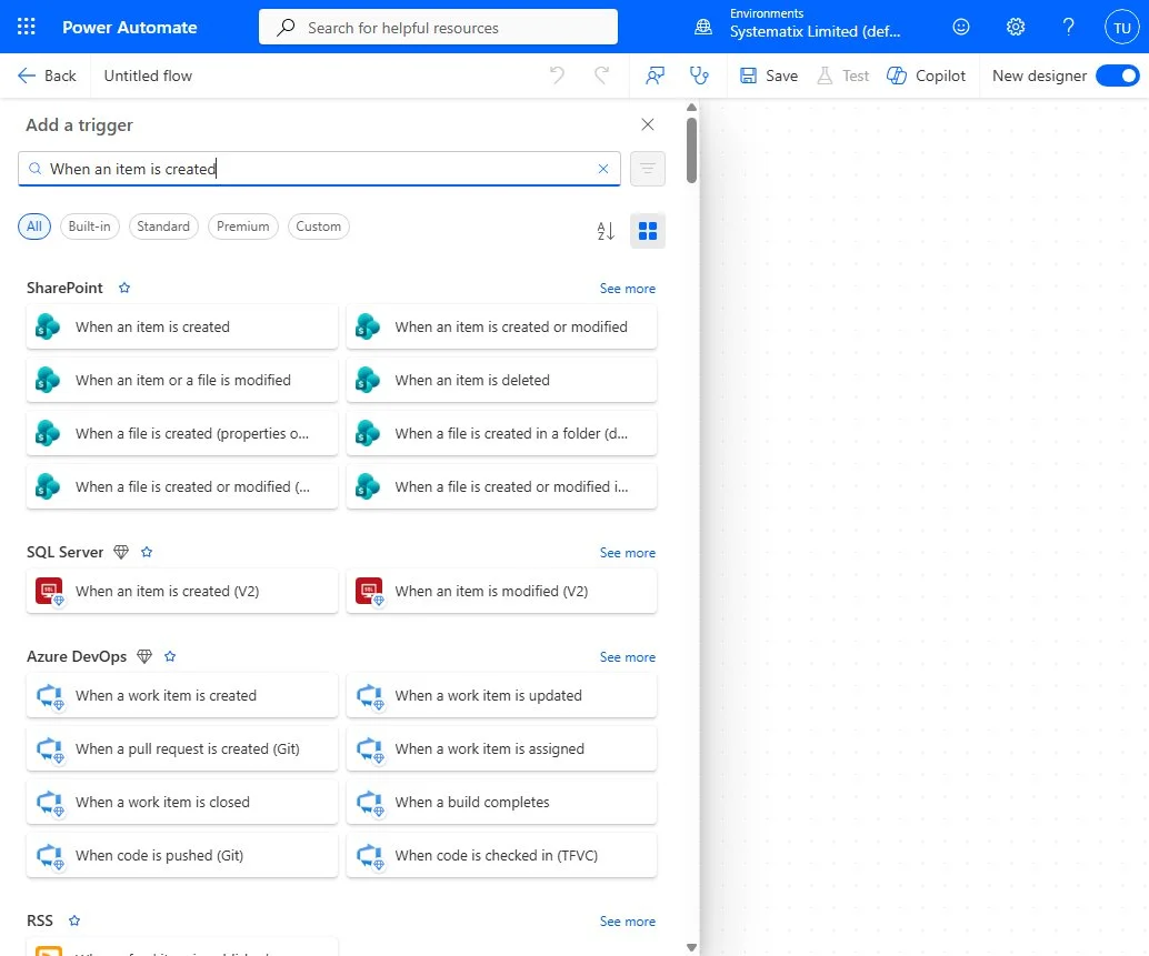 Searching the Power Automate trigger box for SharePoint and selecting "When an item is created"
