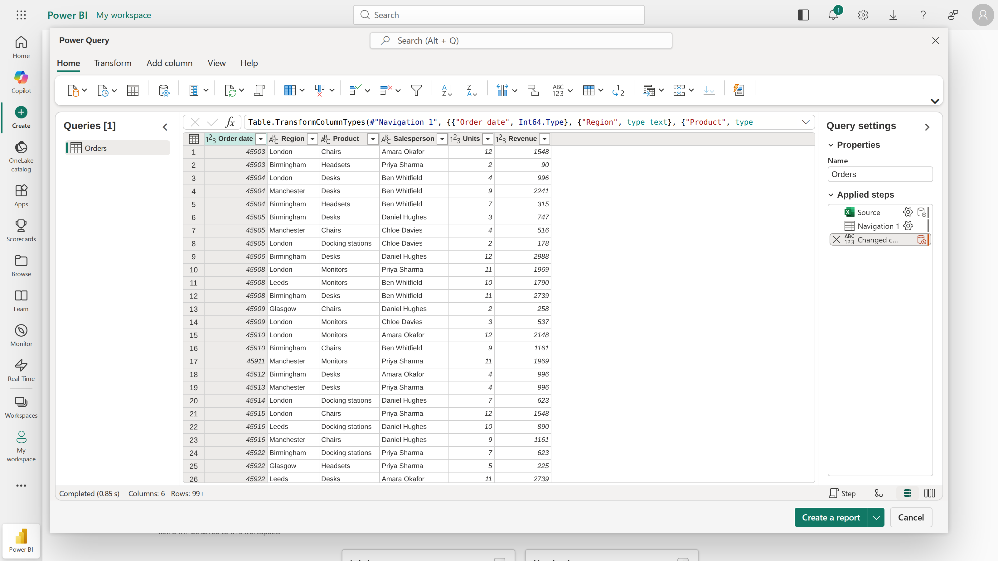 Power Query in the browser with the Orders table loaded, the Order date column typed as whole numbers, and three Applied steps on the right