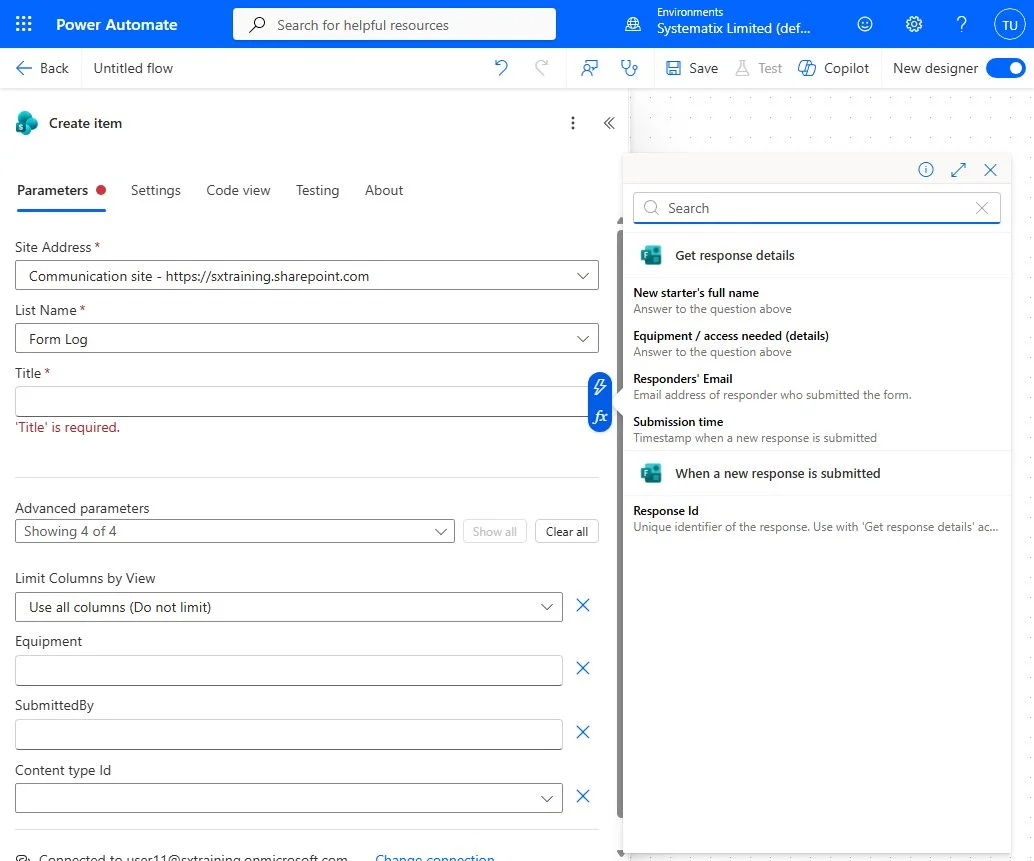 The form's answers available as dynamic content to map into each column