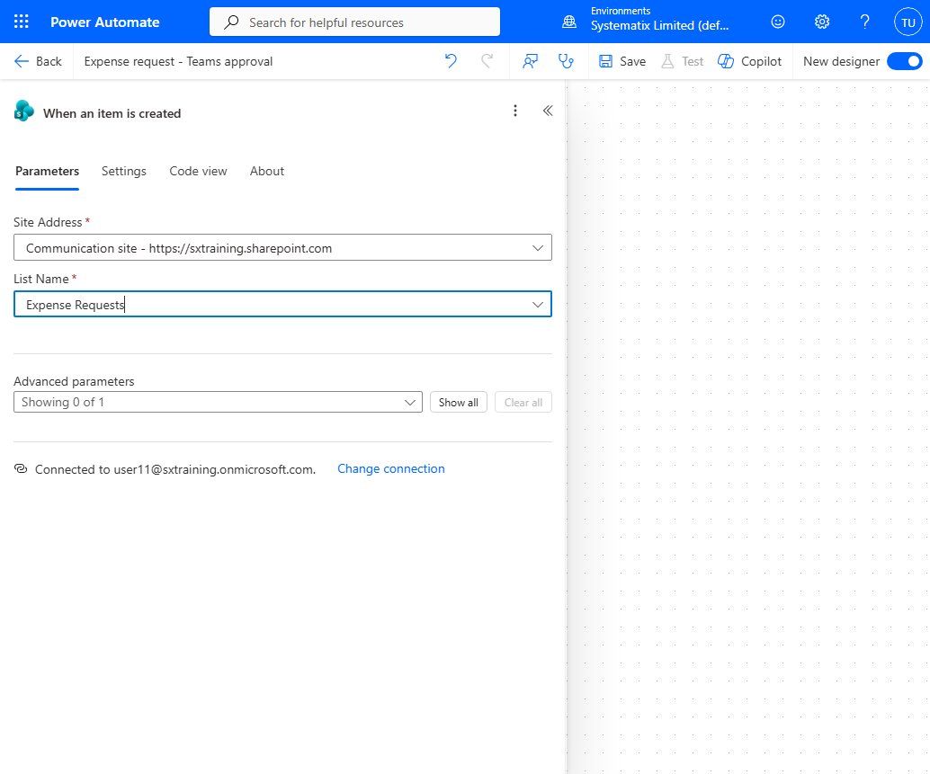 The trigger configured with Site Address and List Name pointing at the Expense Requests list