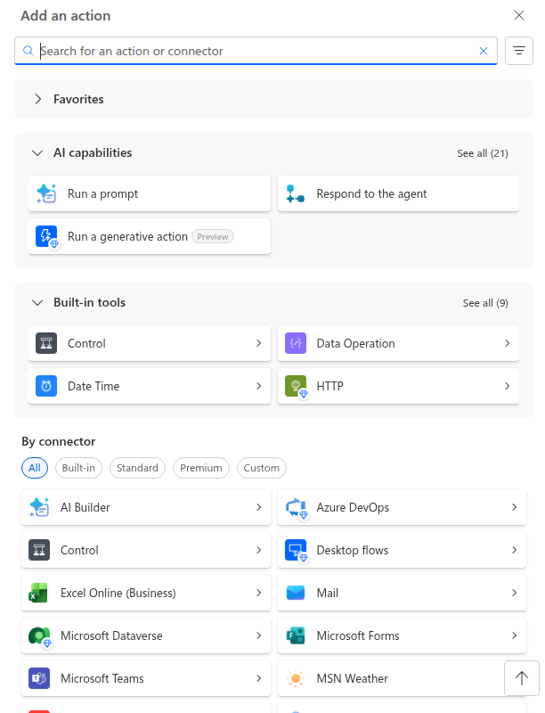 The Add an action panel — search for the action you need