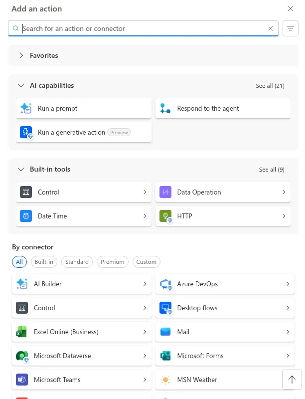 The Add an action panel — search for the action you need