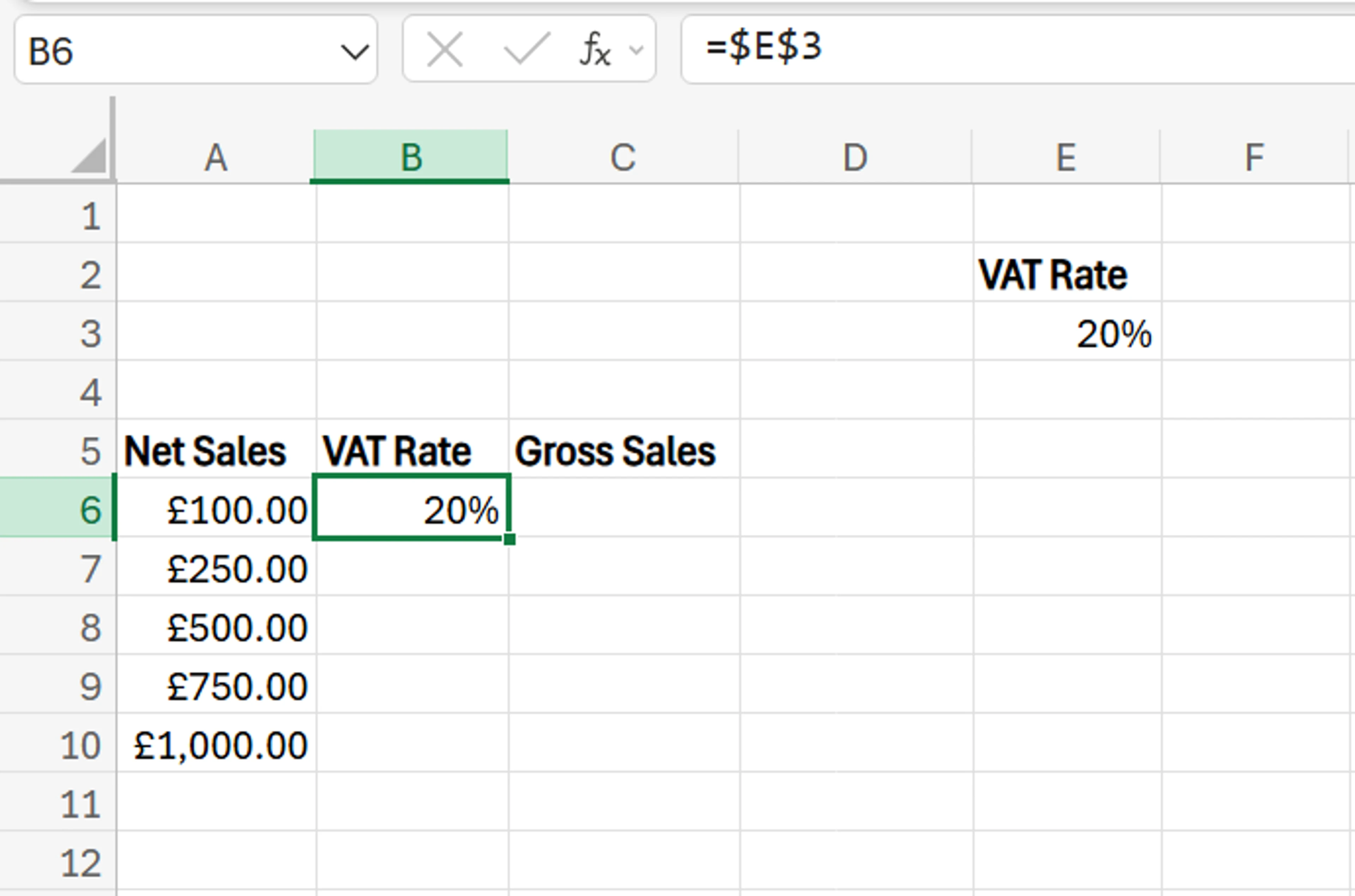 Formula for VAT on Excel