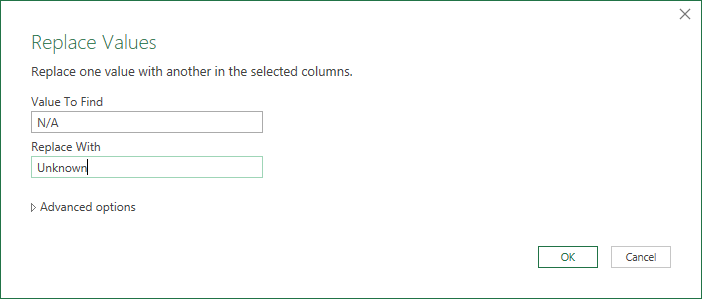 The Replace Values dialog: Value To Find N/A, Replace With Unknown