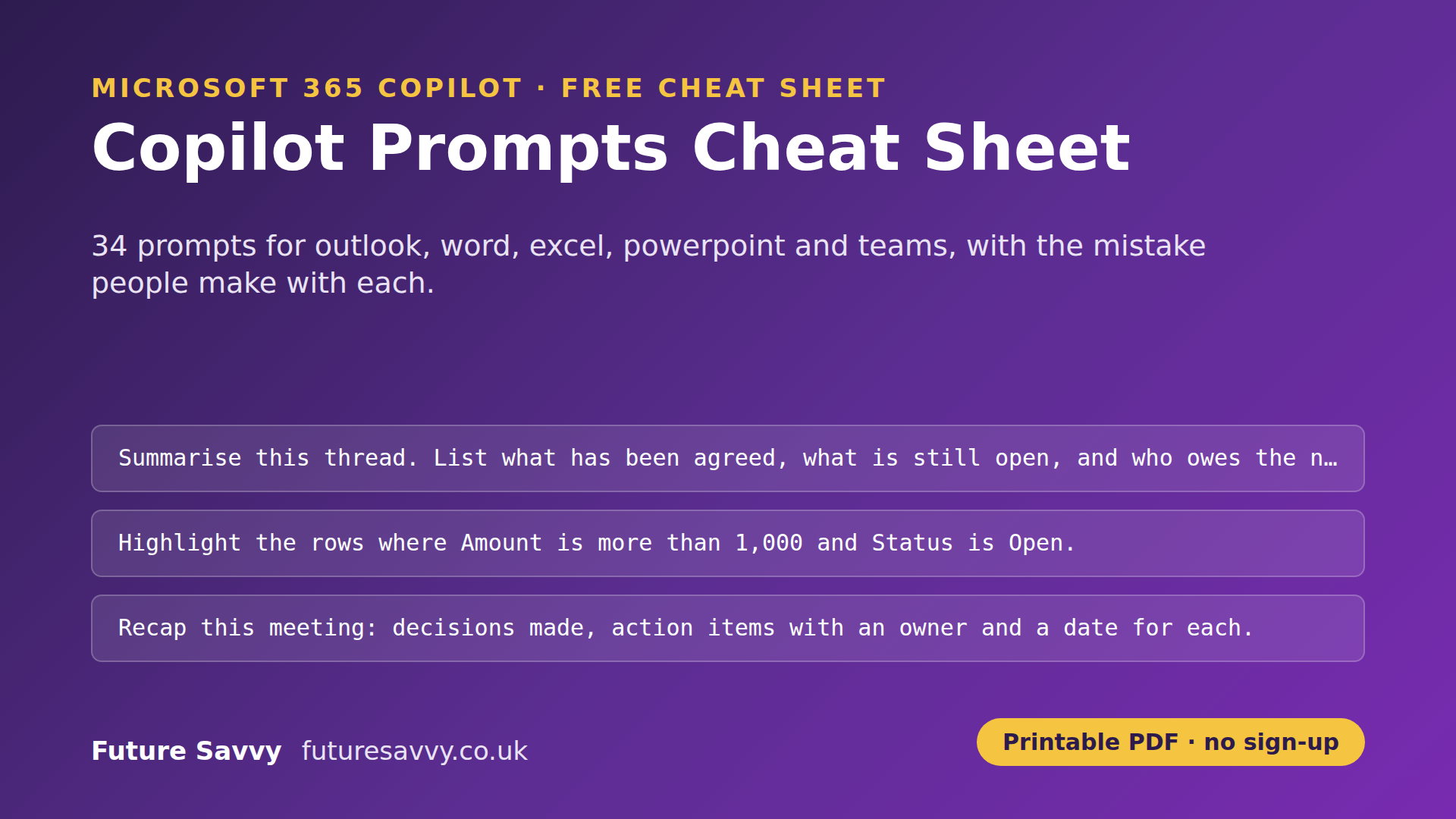 Copilot Prompts Cheat Sheet: 34 prompts for outlook, word, excel, powerpoint and teams, free printable PDF