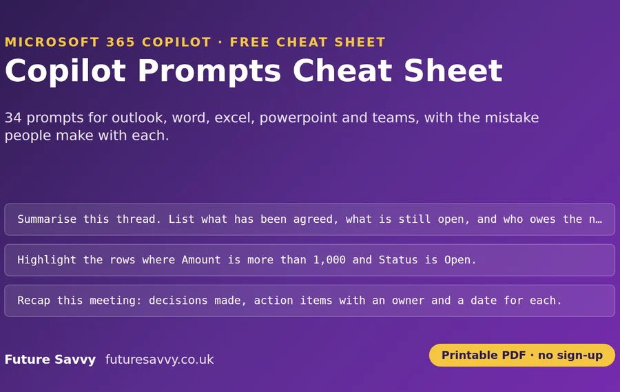 Copilot Prompts Cheat Sheet: 34 prompts for outlook, word, excel, powerpoint and teams, free printable PDF