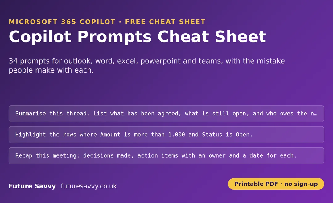 Copilot Prompts Cheat Sheet: 34 prompts for outlook, word, excel, powerpoint and teams, free printable PDF