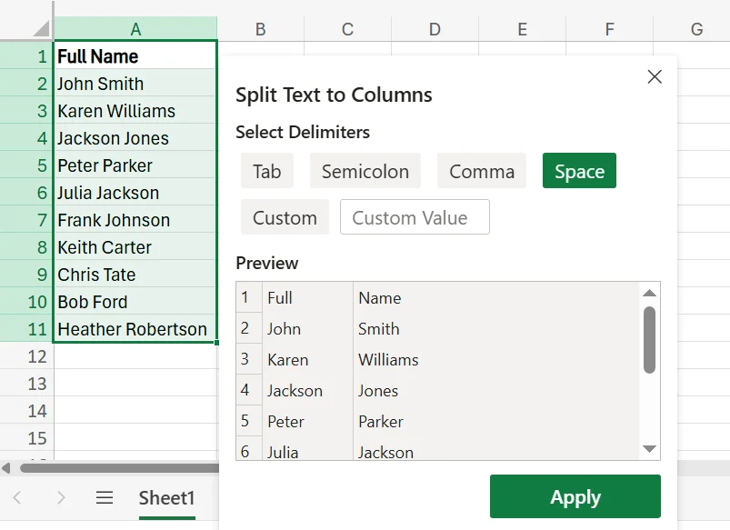 how to separate first and last name in Excel
