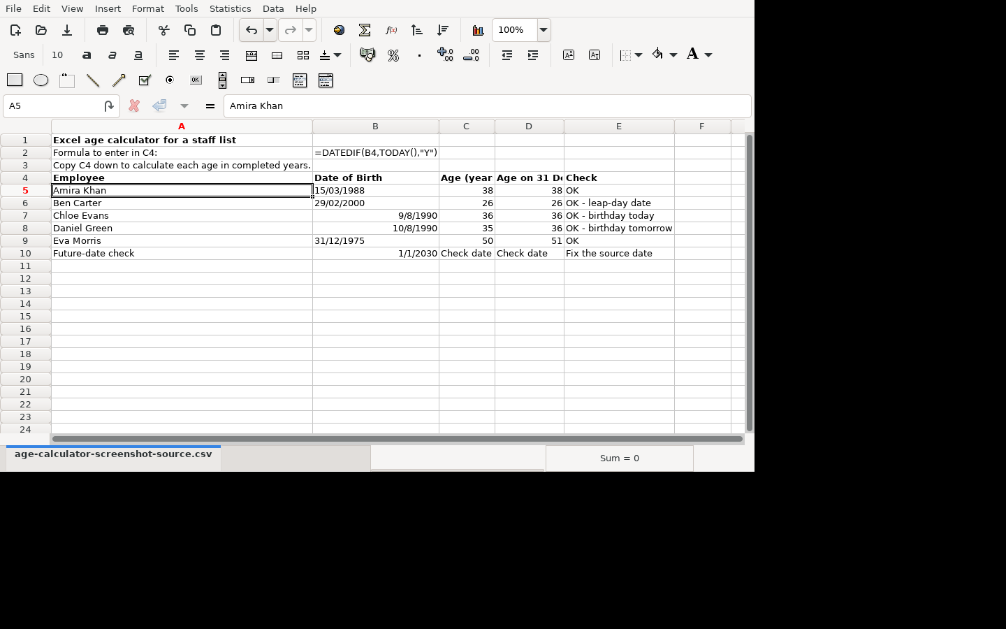 Spreadsheet showing a staff list with dates of birth, calculated ages and edge-case checks