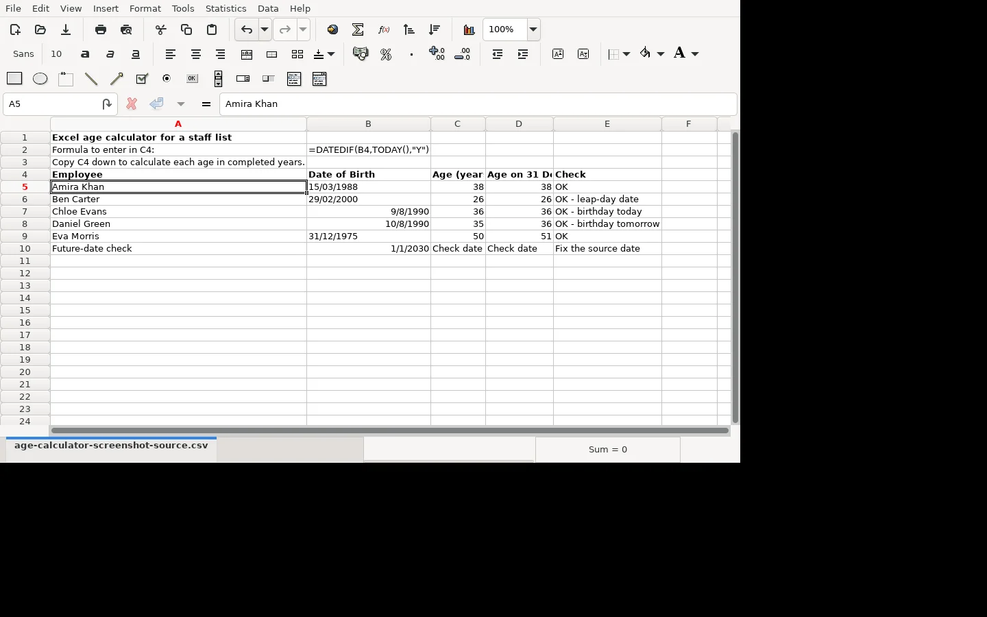 Spreadsheet showing a staff list with dates of birth, calculated ages and edge-case checks