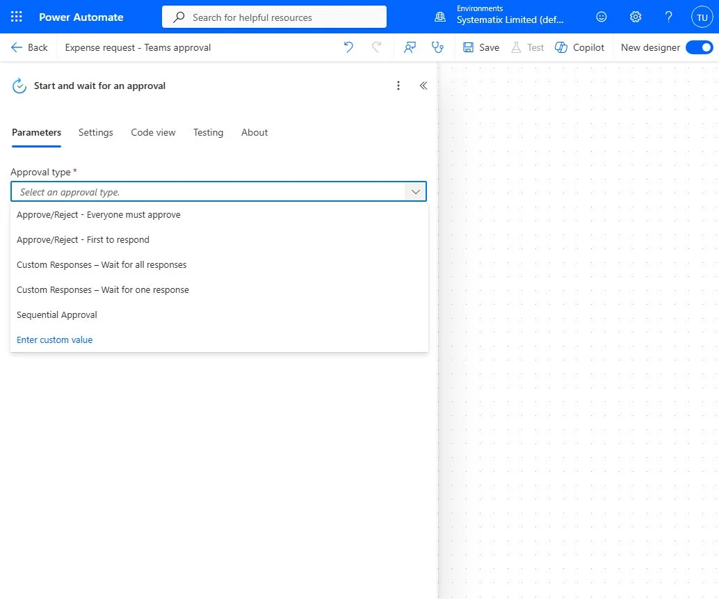 The Approval type dropdown showing all five options, including Approve/Reject - First to respond