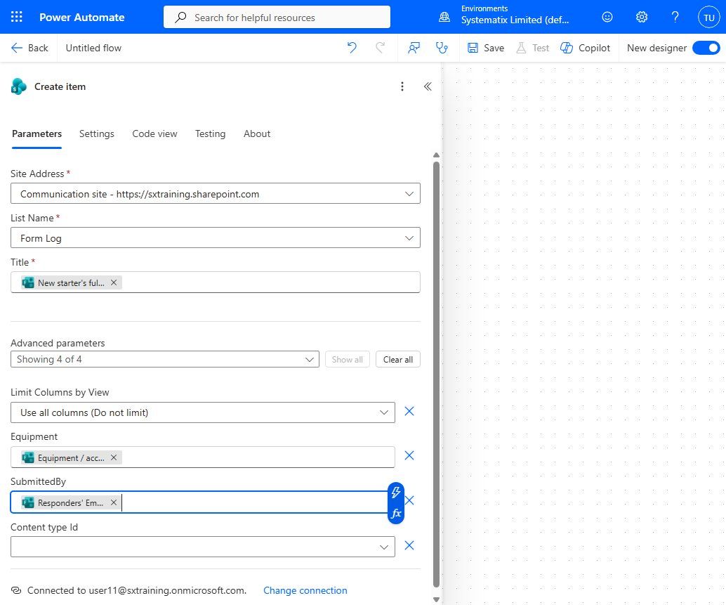 Each list column mapped to the matching form answer - Title, Equipment and SubmittedBy