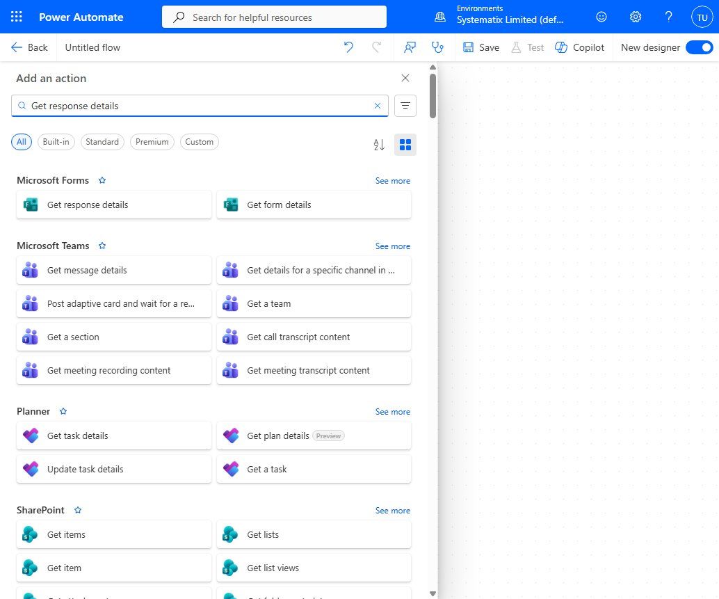 Searching for and adding the Microsoft Forms 'Get response details' action