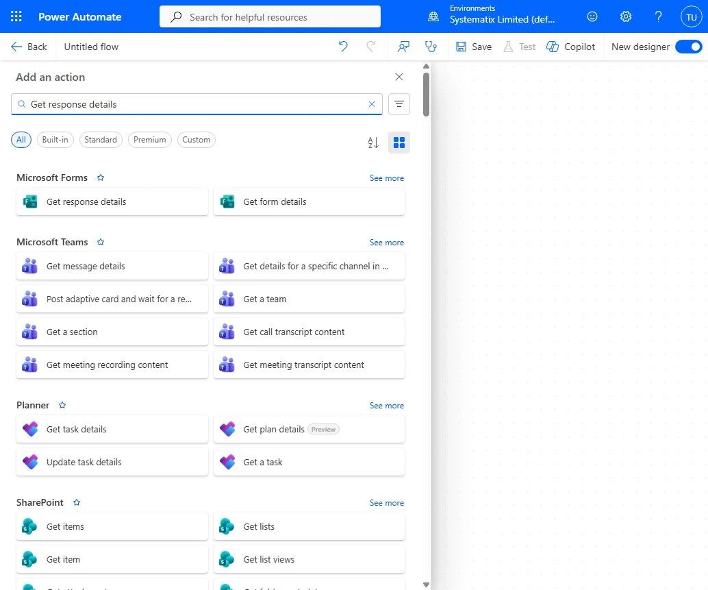 Searching for and adding the Microsoft Forms 'Get response details' action