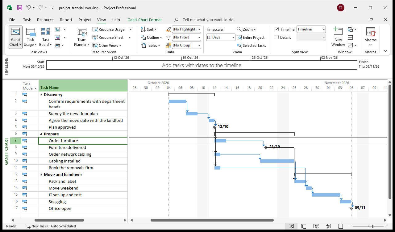 The Gantt chart zoomed to the whole project showing three labelled milestone diamonds: 12/10 Plan approved, 21/10 Furniture delivered and 05/11 Office open, with the task names readable alongside