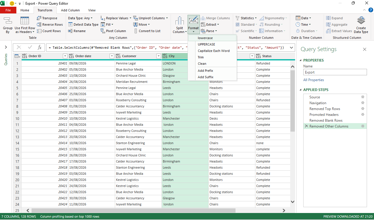 The Transform Format menu open over the City column, showing lowercase, UPPERCASE, Capitalize Each Word, Trim and Clean