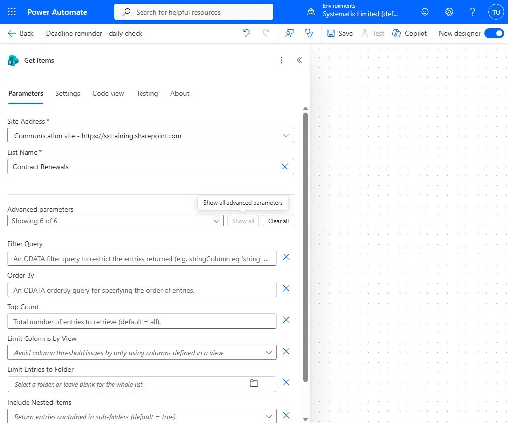 The Get items action with Site Address and List Name set, and Advanced parameters expanded to reveal Filter Query