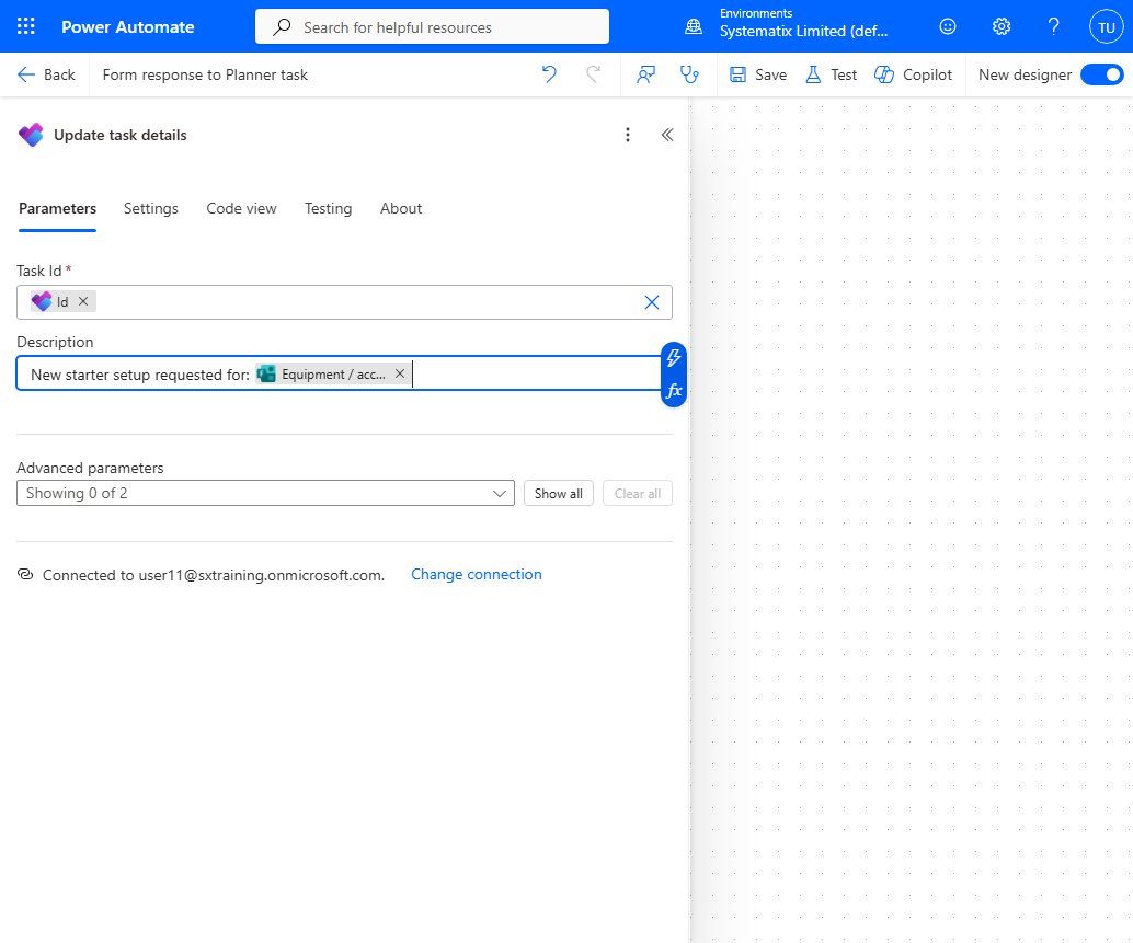Update task details: Task Id mapped to the Id from Create a task, plus a Description built from the form answers