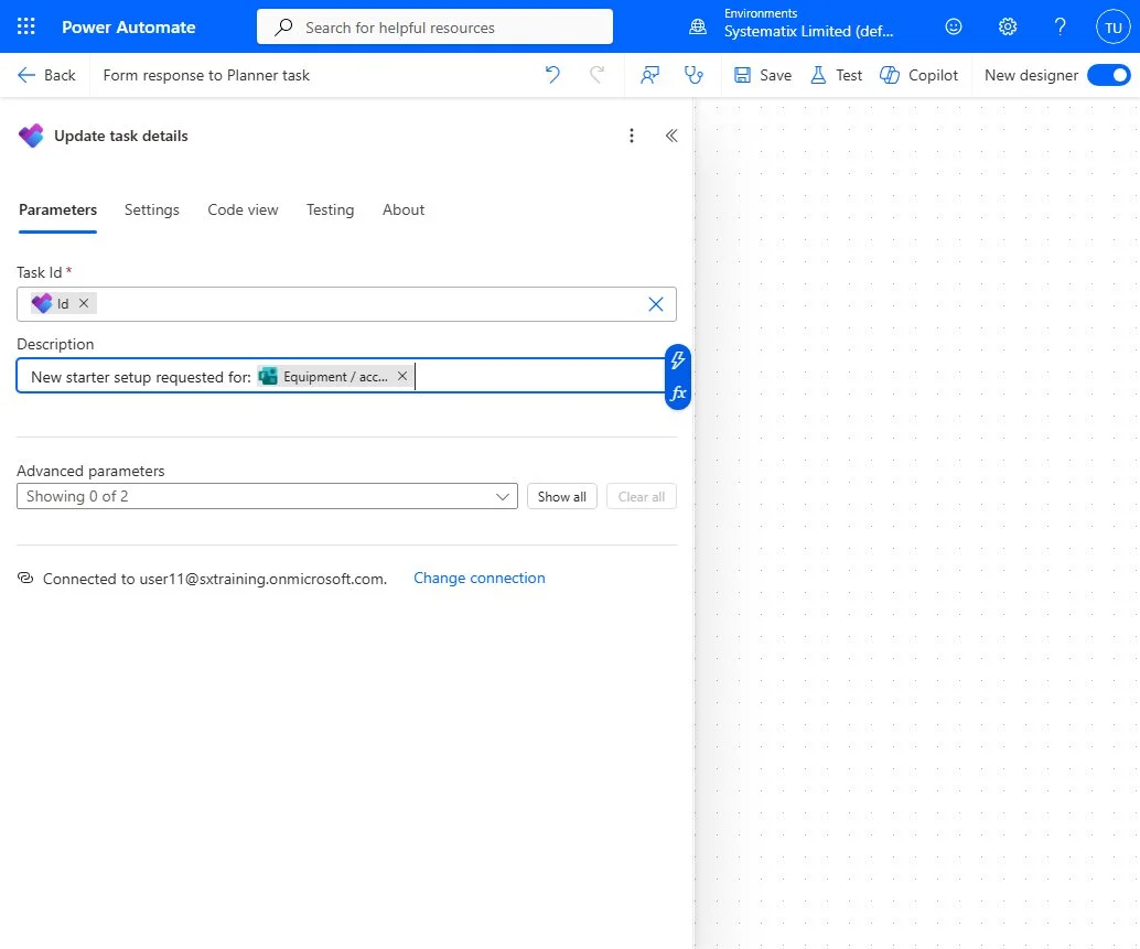 Update task details: Task Id mapped to the Id from Create a task, plus a Description built from the form answers