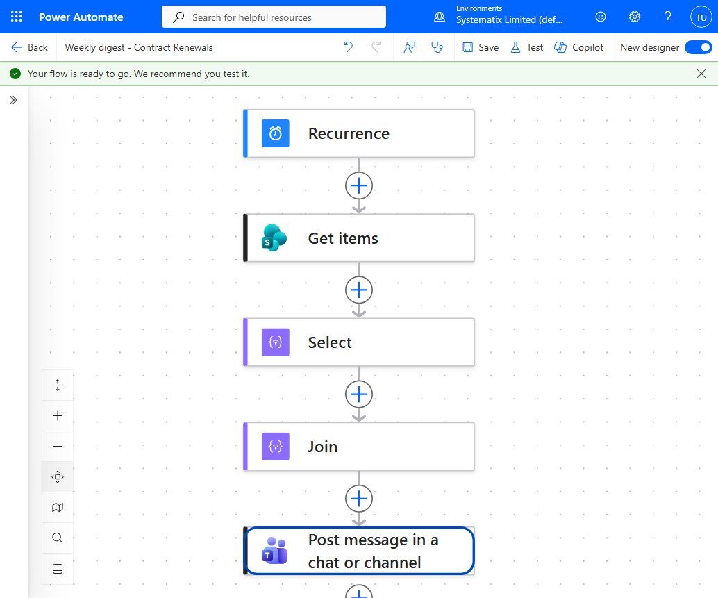 The finished five-step flow: Recurrence, Get items, Select, Join, Post message