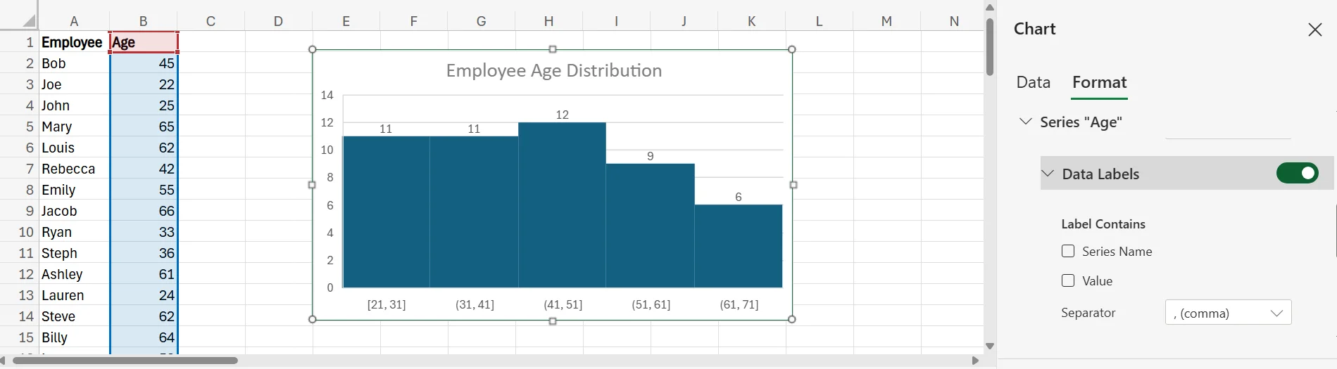 How do I make a Histogram in Excel Age
