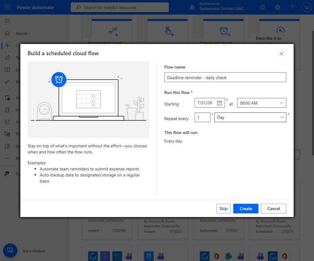 The Build a scheduled cloud flow dialog: flow name, start date and time, and Repeat every 1 Day