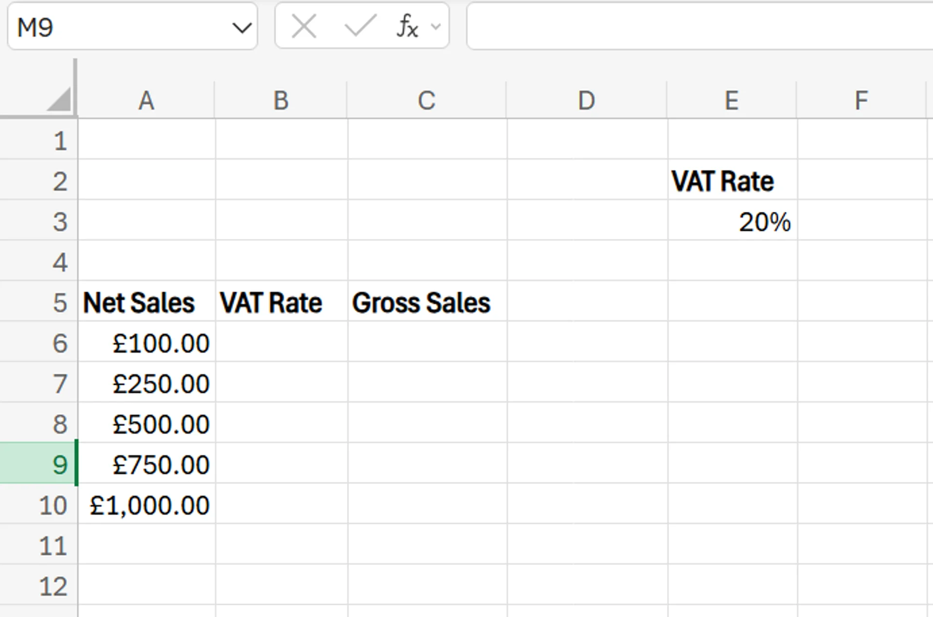 Formula for VAT on Excel