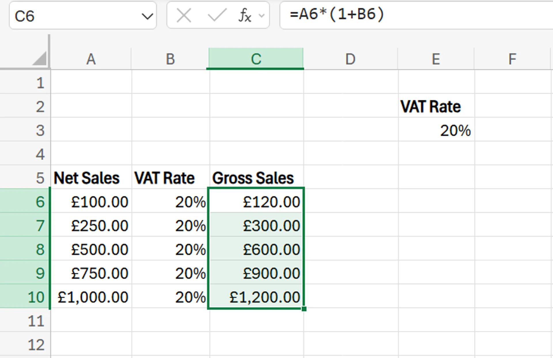 Formula for VAT on Excel