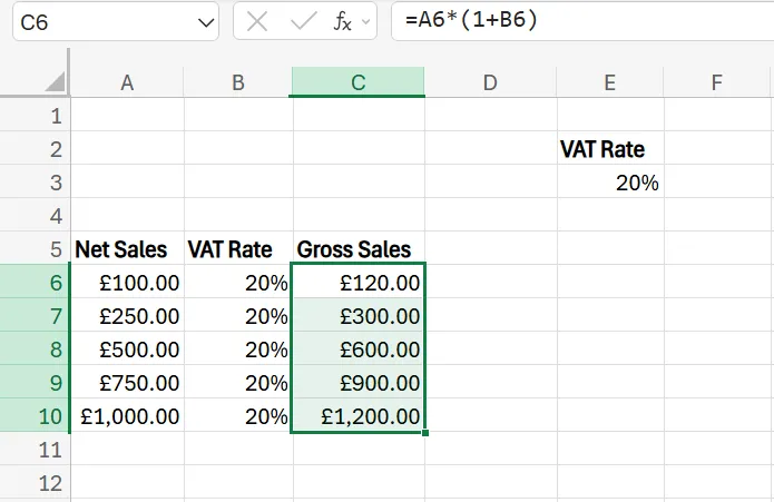 Formula for VAT on Excel