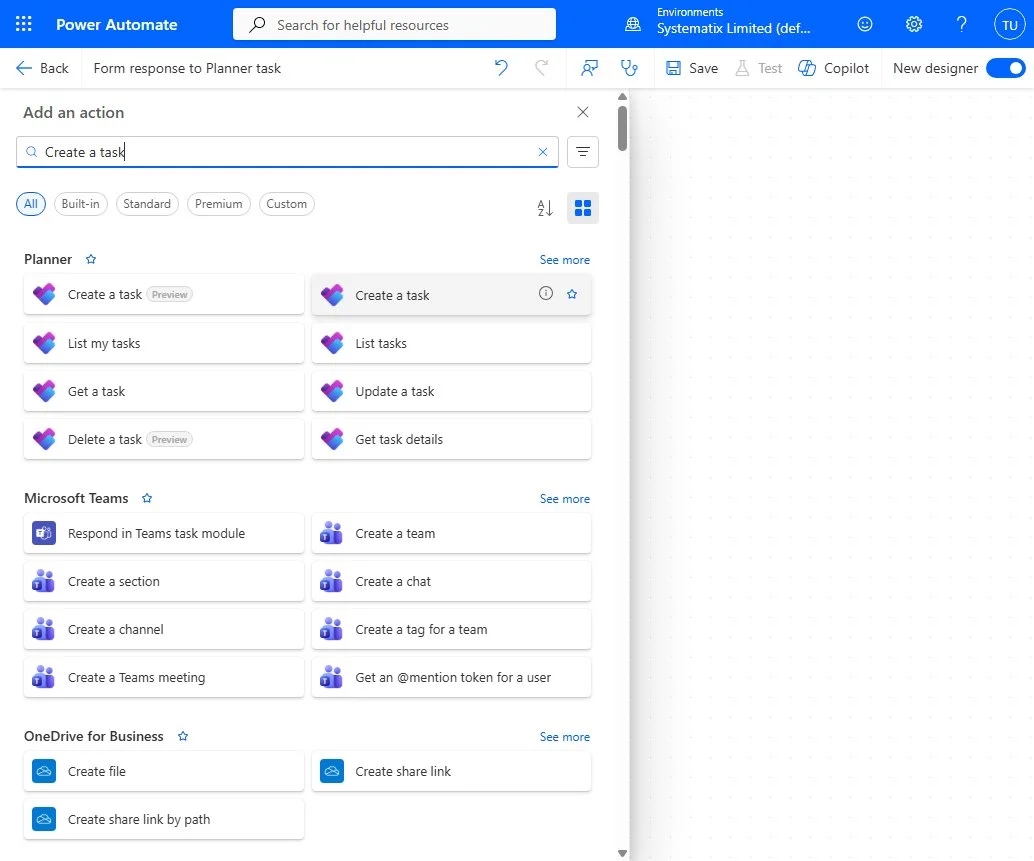 Searching for the Planner "Create a task" action