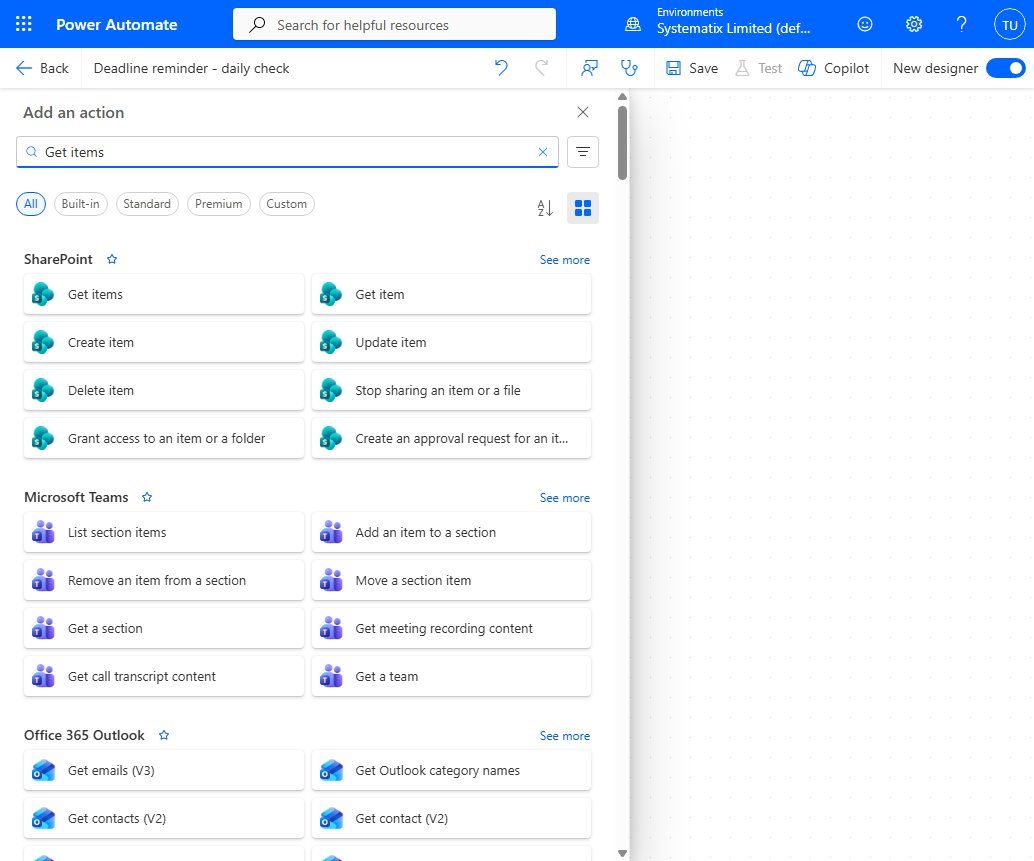 Searching for "Get items" in Add an action and choosing it under the SharePoint connector